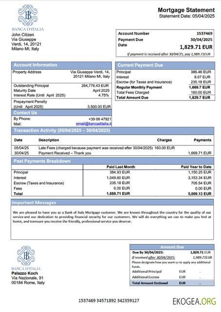 Modèle Word et PDF de relevé hypothécaire de la Banque d'Italie d'Italie